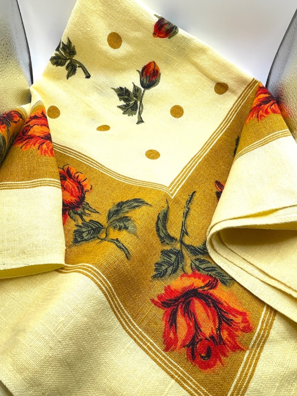 Vintage Yellow Linen Rose Printed Small Tablecloth Doily Textile  34 x 32